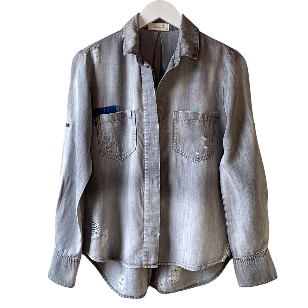 bella dahl Long Sleeve Button‎ Down Grey Distressed Shirt Size XS